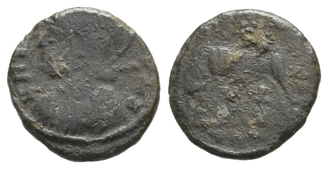 City Commemorative BI Nummus.: Struck under Constantine I, AD 330-331. Treveri mint. Uncertain officina.. VRBS ROMA, helmeted bust of Roma to left, wearing imperial mantle / She-wolf standing to left, head reverted, suckling the tw