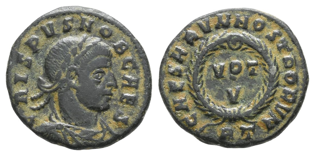 Crispus, as Caesar, BI Nummus.: AD 321. Rome mint. 3rd officina. CRISPVS NOB CAES, laureate, draped and cuirassed bust to right / CAESARVM NOSTRORVM around laurel wreath enclosing VOT?V in three lines; RT in exergue. RIC VII 234. 3.
