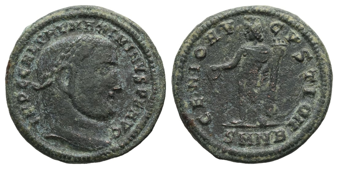 Maximinus II BI Nummus.: AD 310-311. Nicomedia mint. 2nd officina. IMP C GAL VAL MAXIMINVS P F AVG, laureate head to right / GENIO AV-GVSTI CMH, Genius, nude but for chlamys, standing facing, head to left, wearing kalathos an