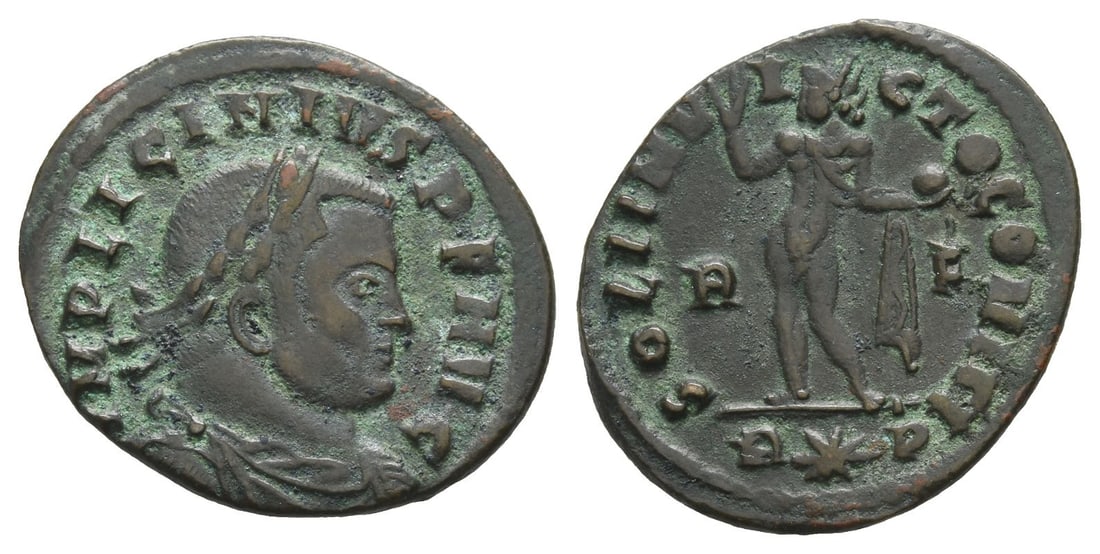 Licinius I BI Nummus.: AD 314. Rome mint. 1st officina. IMP LICINIVS P F AVG, laureate, draped and cuirassed bust to right / SOLI INVICTO COMITI, Sol, nude but for chlamys, standing facing, head to left, raising his right h