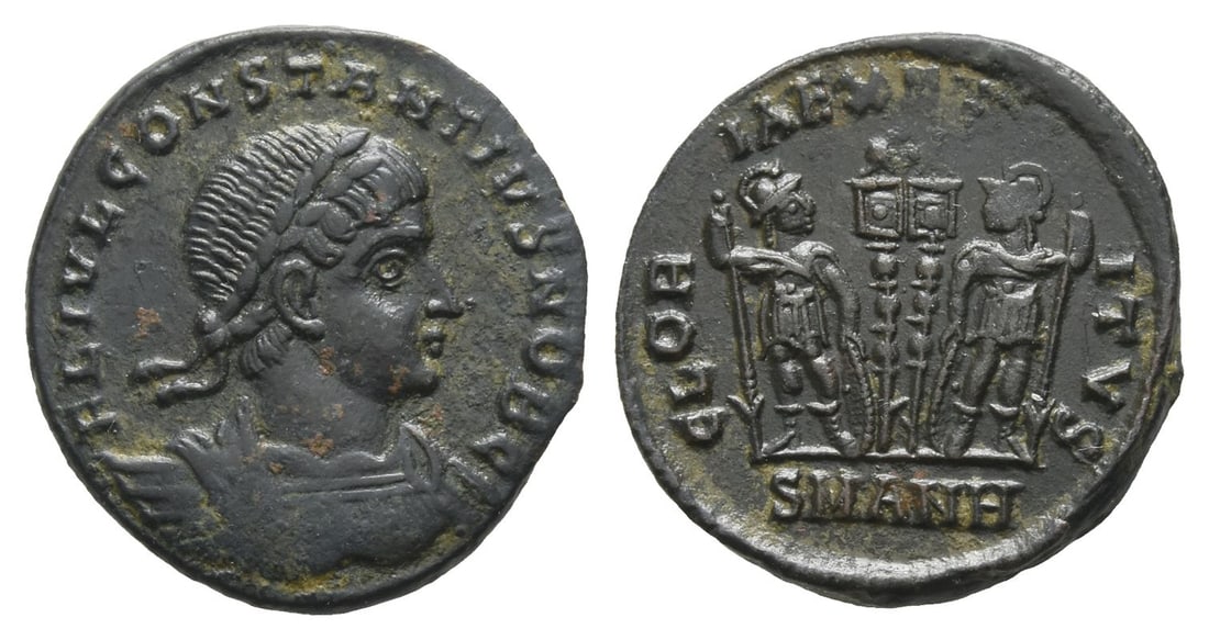 Constantius II, as Caesar, BI Nummus.: AD 335. Antioch mint. 8th officina. FL IVL CONSTANTIVS NOB C, laureate and cuirassed bust to right / GLORIA EXERCITVS, two soldiers standing facing, looking inwards, each holding spear and resting han
