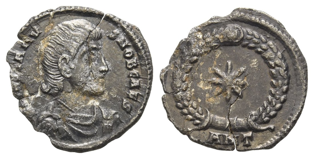 Julian II, as Caesar, AR Siliqua.: AD 355-361. Antioch mint. Reduced weight. D N IVLIANVS NOB CAES, bareheaded, draped and cuirassed bust to right / Star within wreath; ANT below. RIC VIII 187. 1.86gr, 18mm, 6h. Very Fine. Edge ragged 
