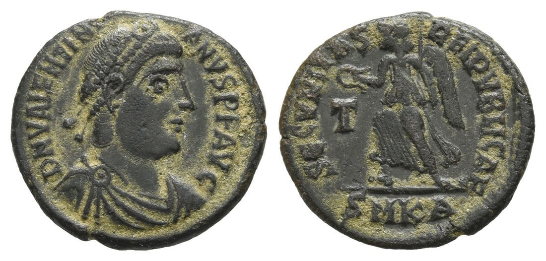Valentinian I BI Nummus.: AD 364-367. Cyzicus mint. 1st officina. D N VALENTINIANVS P F AVG, diademed, draped and cuirassed bust to right / SECVRITAS REIPVBLICAE, Victory walking to left, holding wreath and palm, T in left fie