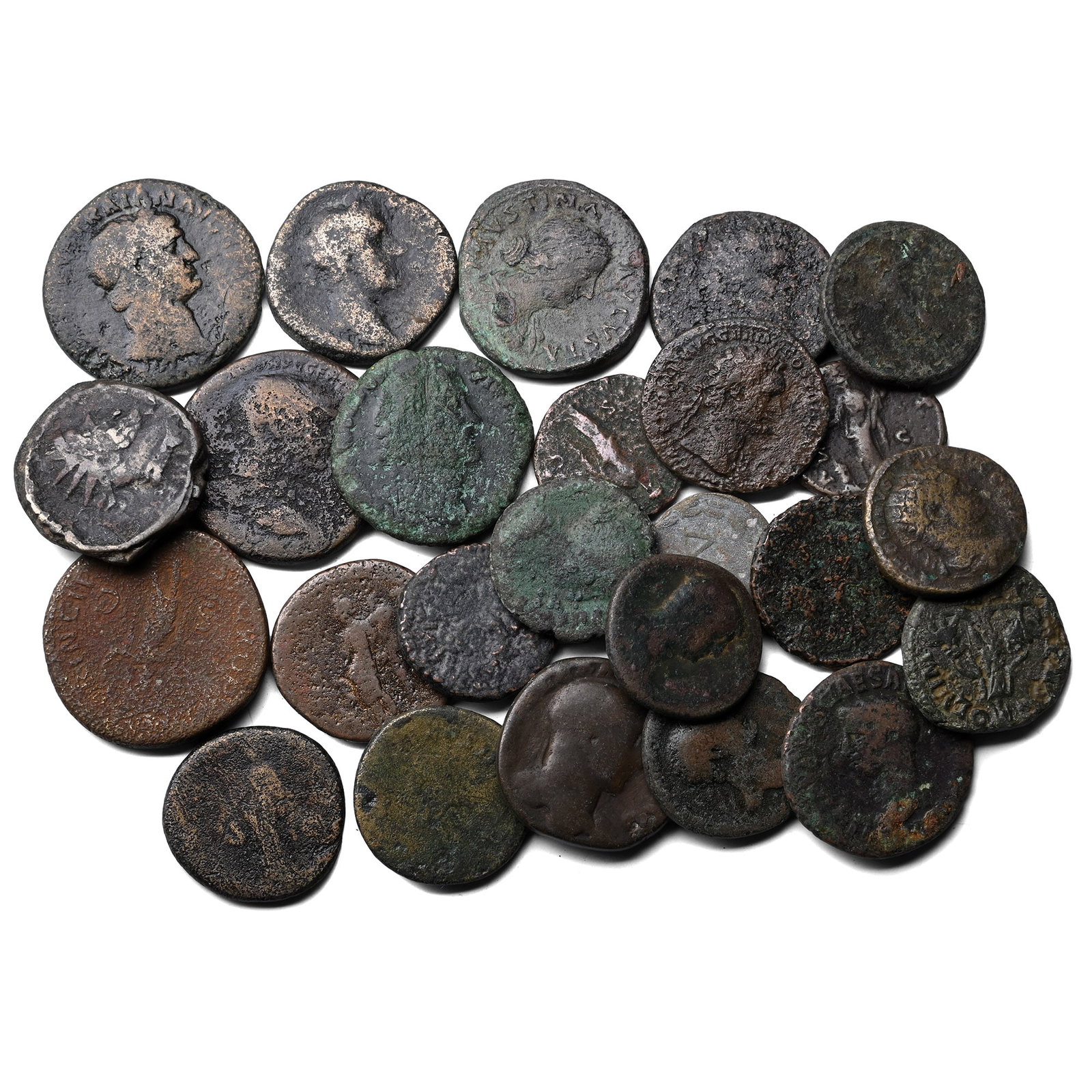 Group of Twenty Five (25) Large AE Roman Coins.: Circa 1st-3rd century AD. Comprising: mixed emperors, issues, denominations and reverse types. 343gr total. As shown. Property of a Cambridgeshire, UK, gentleman. TimeLine Auctions follows a rigorous 
