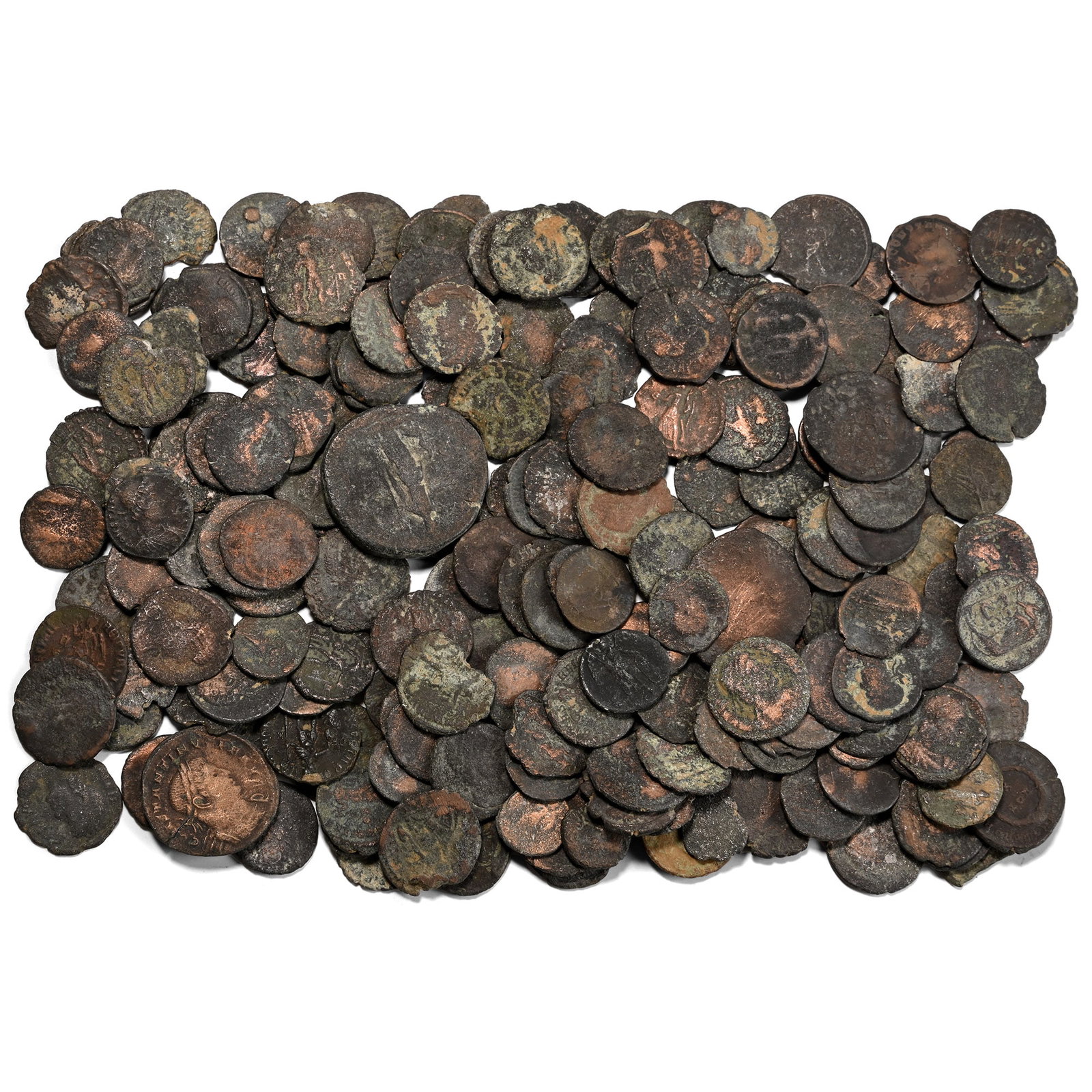 Group of Two Hundred [200] Late Roman AE Coins.: 4th century AD. Comprising: mixed emperors, denominations and reverse types. 369gr total, 10-29mm. As shown. Acquired on the UK art market. From the collection of Mr Carlos Bahamonde, Manchester, UK. 