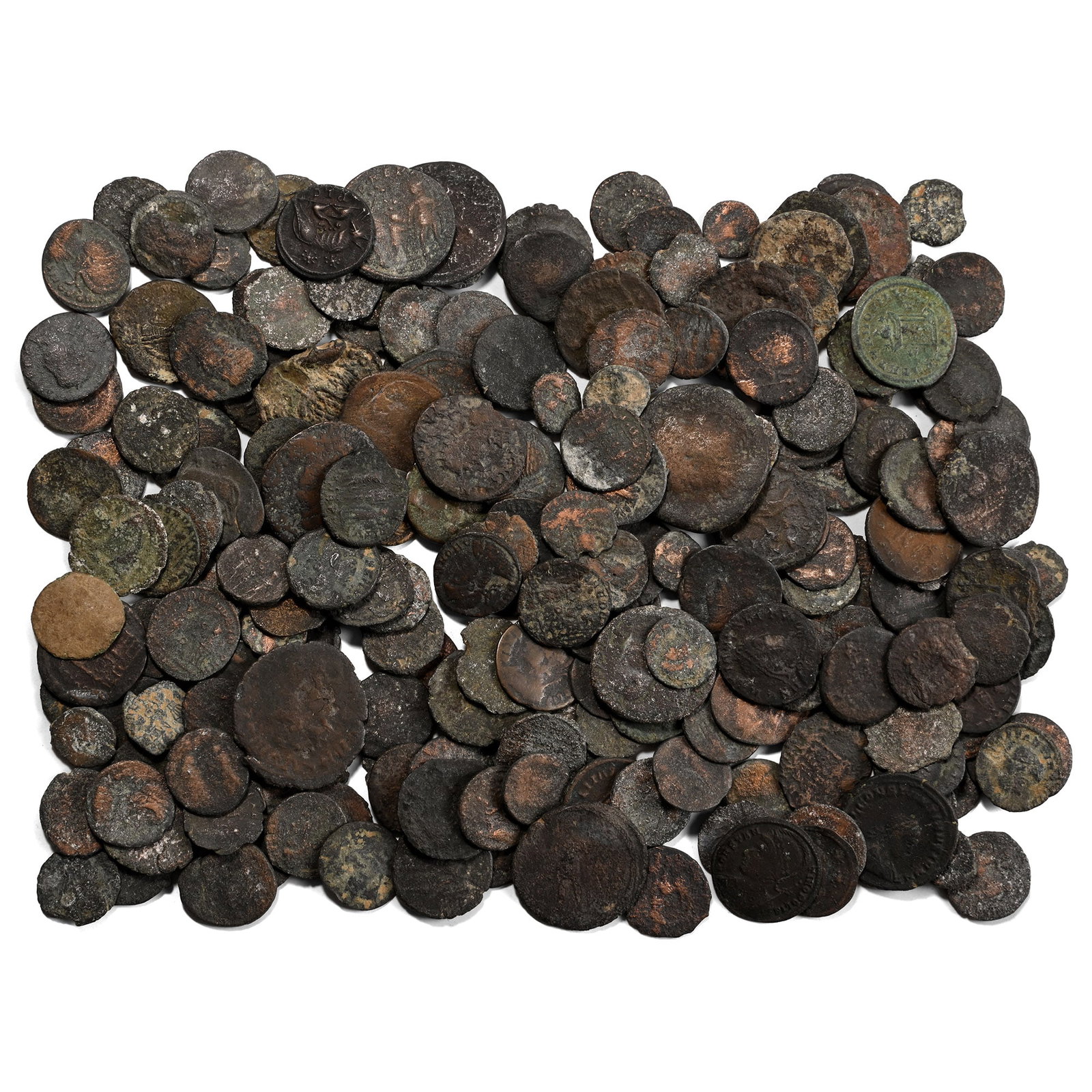 Group of Two Hundred [200] Late Roman AE Coins.: 4th century AD. Comprising: mixed emperors, denominations and reverse types. 339gr total, 9-24mm. As shown. Acquired on the UK art market. From the collection of Mr Carlos Bahamonde, Manchester, UK. T