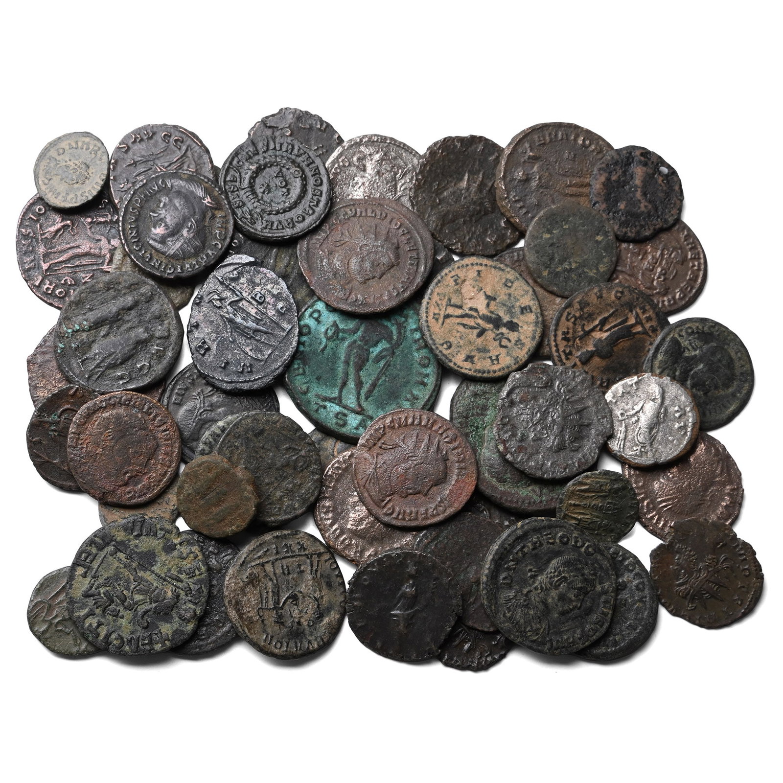 Group of Fifty (50) AE and AR Roman Coins.: Circa 2nd-4th century AD. Comprising: mixed emperors, issues, denominations and reverse types. 161gr total. As shown. Property of a Cambridgeshire, UK, gentleman. TimeLine Auctions follows a rigorous 