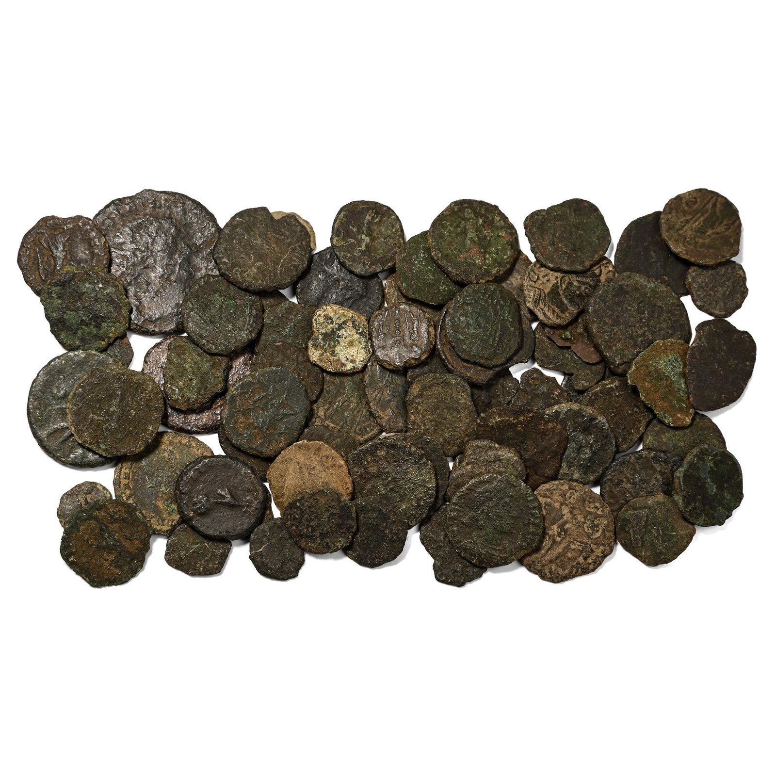 Group of Seventy [70] AE Roman Coins.: 2nd-4th century AD. Comprising: various emperors, issues, denominations, and reverse types. 97.83gr total, 11-26mm. As Shown. From the private collection of a Sussex, UK, gentleman. TimeLine Auctions 