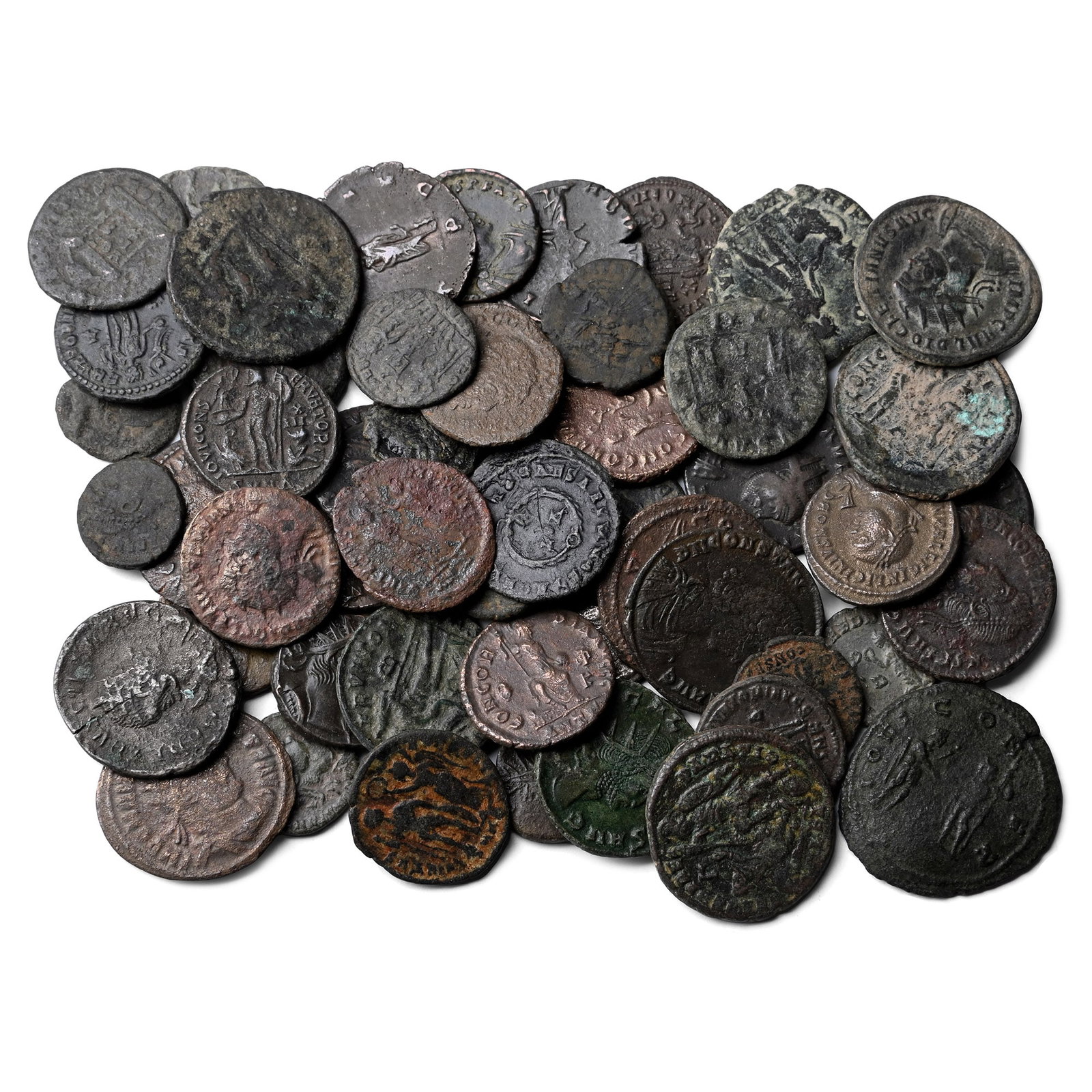 Group of Fifty (50) AE and AR Roman Coins.: Circa 2nd-4th century AD. Comprising: mixed emperors, issues, denominations and reverse types. 154gr total. As shown. Property of a Cambridgeshire, UK, gentleman. TimeLine Auctions follows a rigorous 