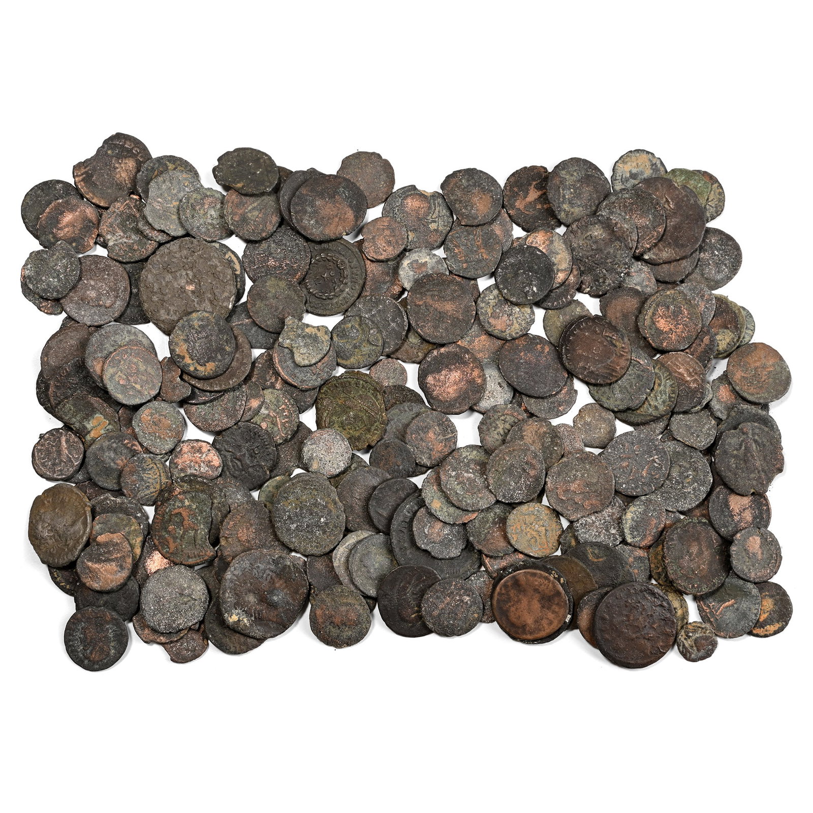 Group of Two Hundred [200] Late Roman AE Coins.: 4th century AD. Comprising: mixed emperors, denominations and reverse types. 298gr total, 9-24mm. As shown. Acquired on the UK art market. From the collection of Mr Carlos Bahamonde, Manchester, UK. T