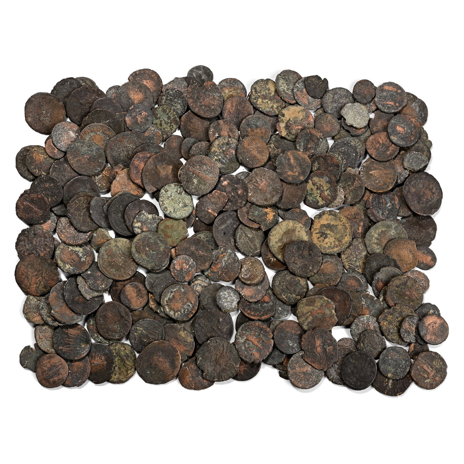 Group of Two Hundred and Forty [240] Late Roman and Radiate AE Coins.: 3rd-4th century AD. Comprising: mixed emperors, denominations and reverse types. 325gr total, 8-20mm. As shown. Acquired on the UK art market. From the collection of Mr Carlos Bahamonde, Manchester, U