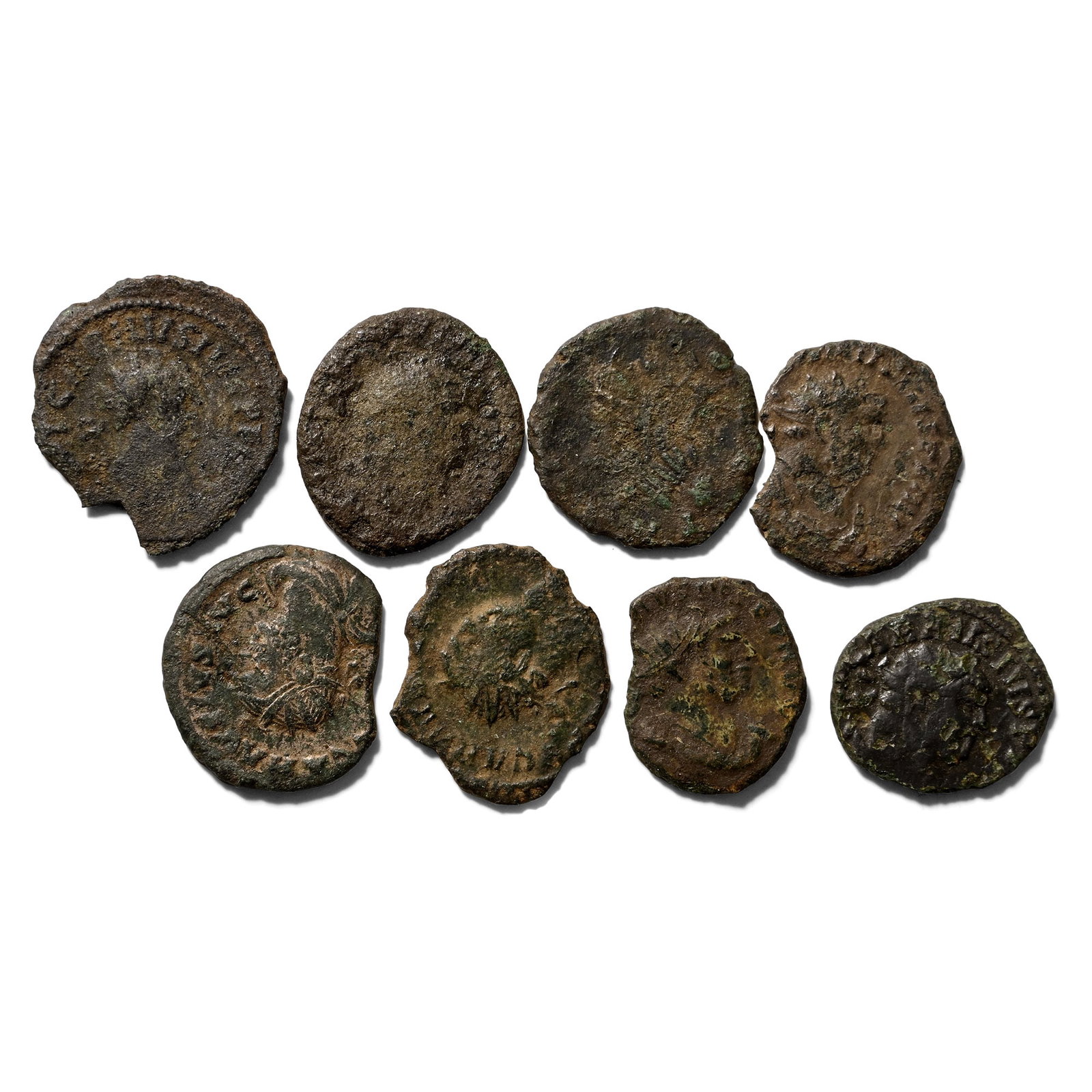 Group of Eight [8] Carausius AE Antoninianus Coins.: 287-293. Comprising: various issues and reverse types. 18.82gr total, 19-24mm. As shown. From the private collection of a Sussex, UK, gentleman. TimeLine Auctions follows a rigorous vetting process to