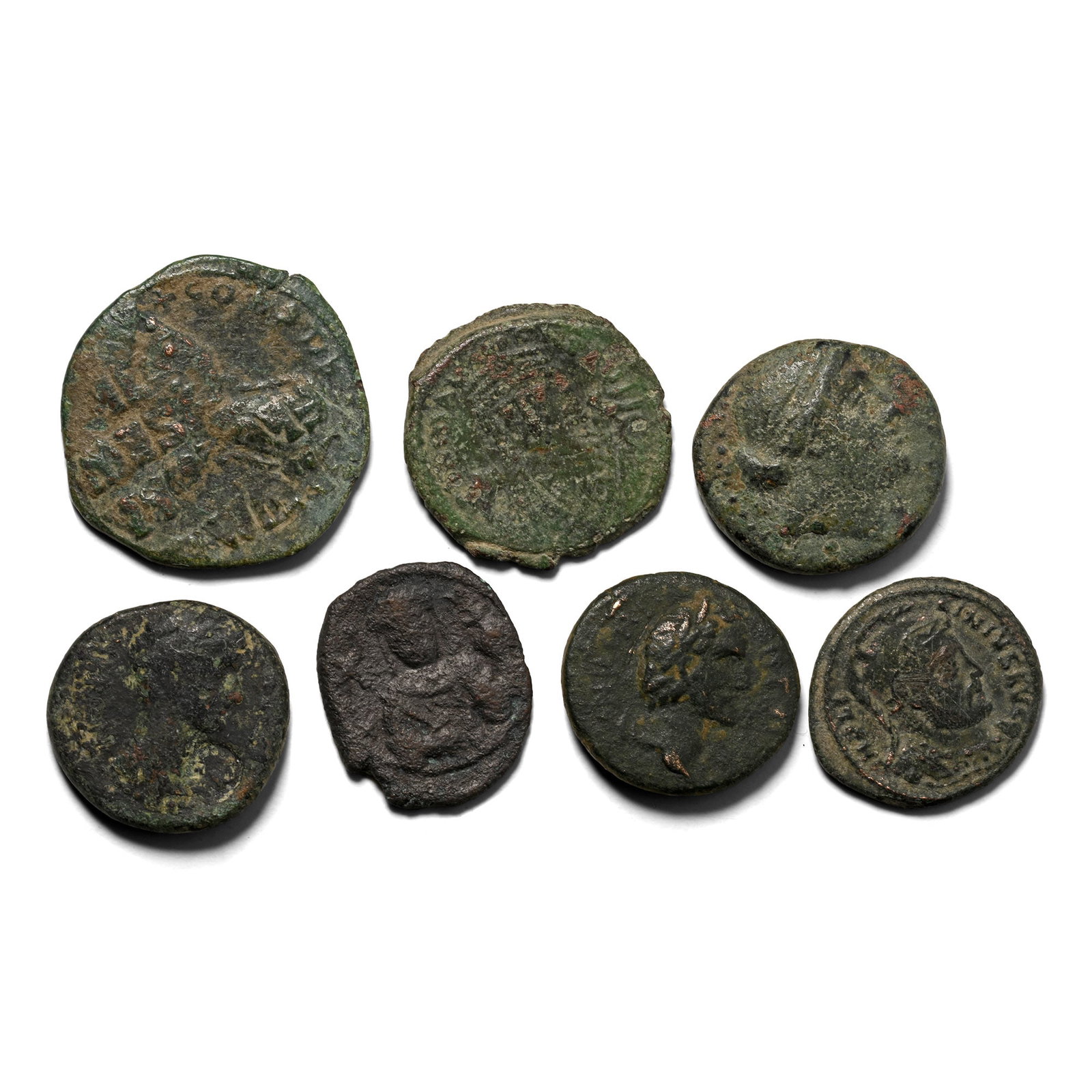 Group of Six [6] AE Byzantine and Roman Coins.: 1st millennium AD. Comprising: various emperors, issues, and reverse types. 34.25gr total, 20-26mm. As shown. Acquired on the European coin market. Property of a Kent, UK, gentleman. TimeLine Auctions
