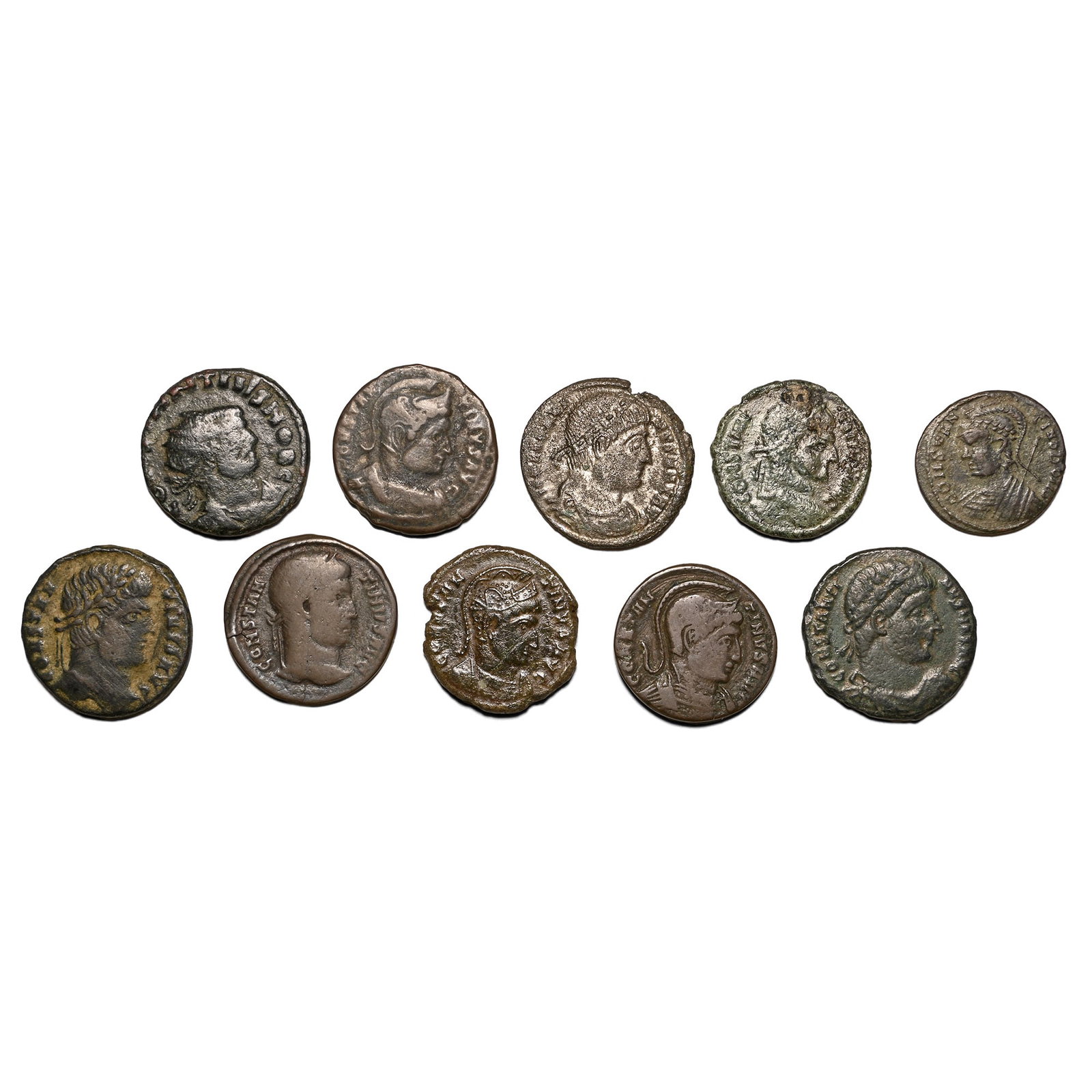 Group of Ten [10] Late Roman AE Coins.: 4th century AD. Comprising: mixed emperors, denominations and reverse types. 25.93gr total, 17-19mm. As shown. Acquired on the UK art market. From the collection of Mr Carlos Bahamonde, Manchester, UK