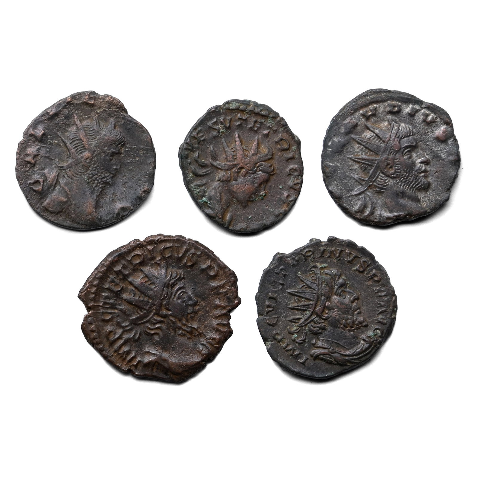 Group of Five (5) BI Roman 'Blackmoor Hoard' Antoninianus Coins.: Circa 3rd century AD. Comprising: mixed issues and reverse types. 28gr total. As shown. Property of a Cambridgeshire, UK, gentleman. TimeLine Auctions follows a rigorous vetting process to ensure the 