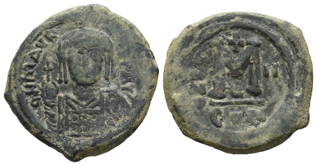 Maurice Tiberius AE 40 Nummi or Follis.: Dated RY 2 (AD 583/4). Constantinople mint. 5th officina. ? N ?AVR[..] P P AV, crowned and cuirassed bust facing, holding globus cruciger with right hand, shield on left shoulder / Large M; cross abov