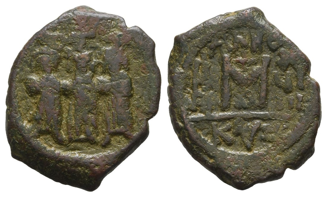 Heraclius, with Heraclius Constantine and Martina AE 40 Nummi of Follis.: Dated RY 19 (AD 628/9). Cyzicus mint. 1st officina. Heraclius, in centre, flanked by Martina, on left, and Heraclius Constantine, on right, each wearing crown and chlamys and holding globus cruciger /