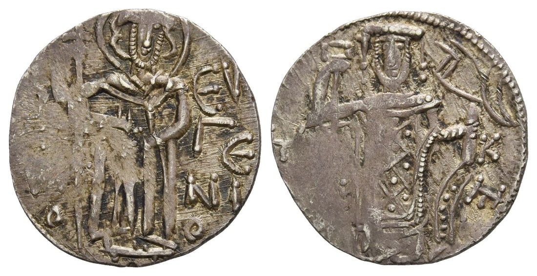 Manuel I Comnenus, Emperor of Trebizond AR Asper.: 1238-1263. St. Eugenius standing facing, holding long cross / Crowned facing figure of Manuel, holding labarum and akakia; manus Dei to upper right. Retowski 43; S. Bendall, An Introduction to the Coi