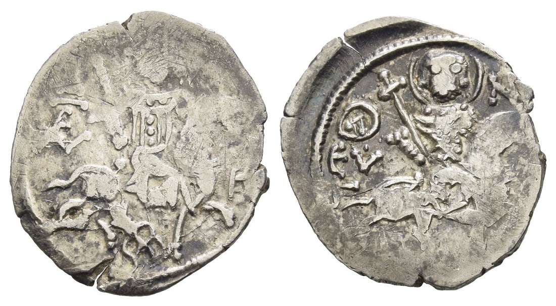 Alexius II, Emperor of Trebizond AR Asper.: AD 1297-1330. AL?Z, Alexius, holding trefoil sceptre on horseback riding to right; sigla: P to right; symbol beneath horse / O A (as monogram) ?V-?-?, St. Eugenius, holding cruciform sceptre, on horse