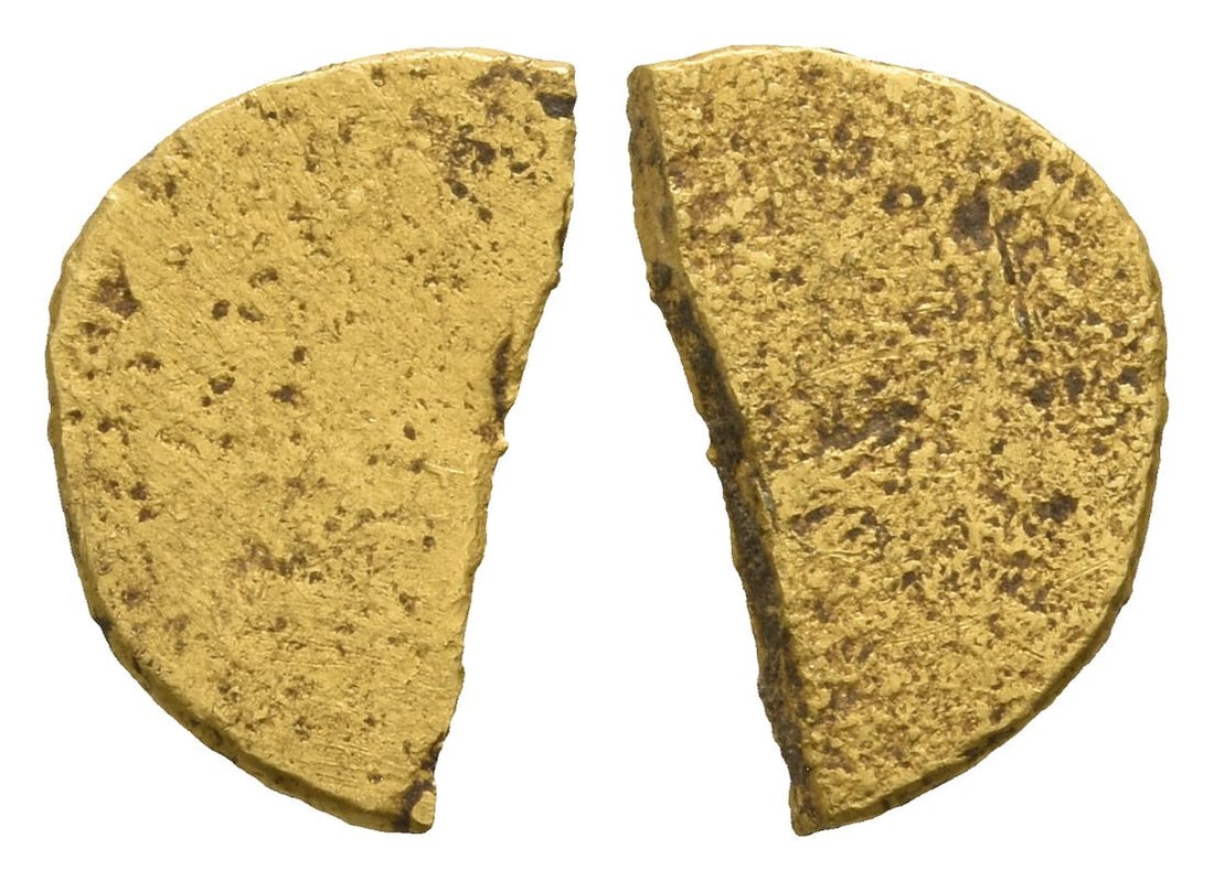 Anglo-Saxon, Gold Thrymsa Blank Cut Half.: Circa 620-645. Blank / Blank. 1.28gr, 13mm, 12h. Condition as seen. From the private collection of a Sussex, UK, gentleman. TimeLine Auctions follows a rigorous vetting process to ensure the authentic