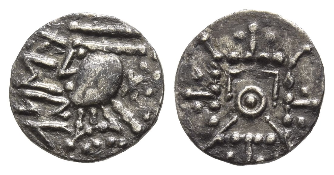 Anglo-Saxon. Secondary Sceattas AR Sceat.: Circa 710-765. Mint in East Anglia. Series R3. Geometric bust to left with radiate crown and pyramidal neck; GEPA (in Runic, partially inverted and retrograde) to left, X to right / 'Standard' with ce