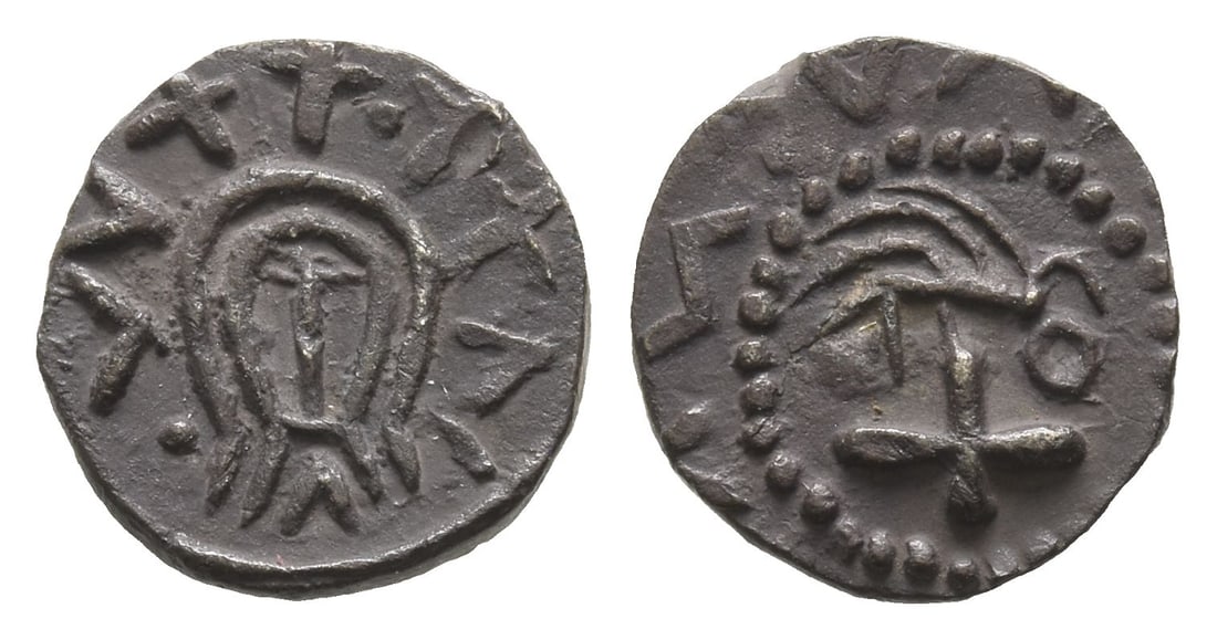 Anglo-Saxon. Primary Sceattas AR Sceat.: Circa 695-700/5. Mint in East Anglia (Northwest Norfolk). Series BZ. Rudimentary facing head of Christ; pseudo-legend around / Bird standing to right upon cross; annulet to right; pseudo-legend around