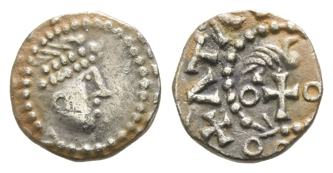 Anglo-Saxon. Primary Sceattas AR Sceat.: Circa 670-675. Mint in Essex or East Anglia. Diademed and draped bust to right in dotted circle / Dove standing to right on cross patt?e; annulets flanking all within ouroboros; blundered legend aroun