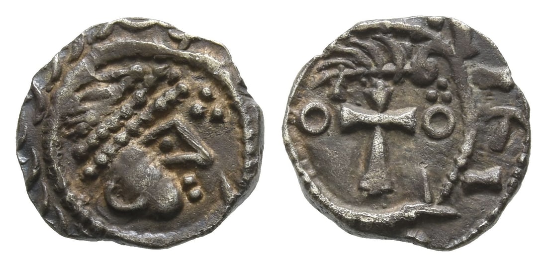 Anglo-saxon. Primary Sceattas AR Sceat.: Circa 680-710. Series BIIIA, type 27a.. Triple diademed bust to right, within anticlockwise beaded ouroboros, triad of pellets before; pseudo-legend around / Bird standing to right on cross patt?e; an