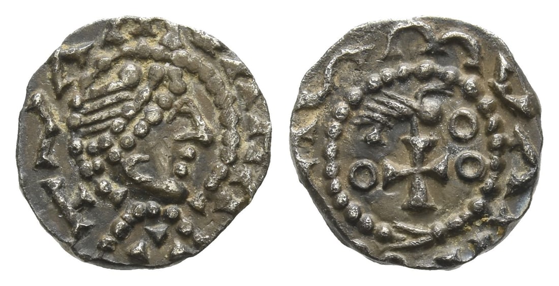 Anglo-Saxon. Primary Sceattas AR Sceat.: Circa 685-700. Mint in Essex or East Anglia. Series BIb, type 27b.. Crude diademed bust to right, breaking inner beaded circle; pseudo-legend around / Bird standing to right on cross patt?e; two annul