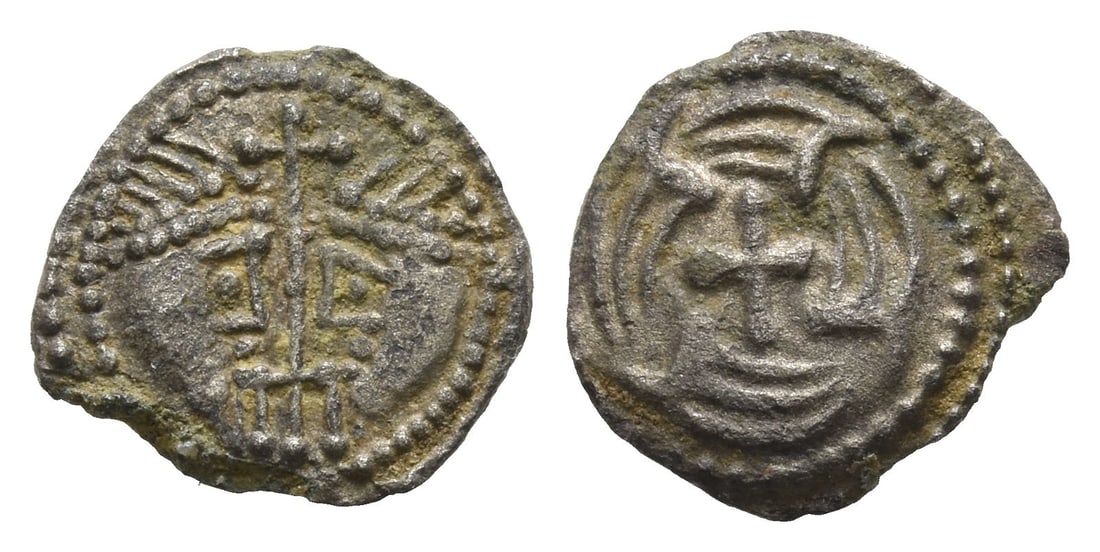 Anglo-Saxon. Secondary Sceattas AR Sceat.: Circa 710/5-725/30. York mint. Series J, type 37.. Two confronted diademed heads; between, long cross with trident end / Cross, at each end a bird to right. Abramson 19-30; MEC 8 Series Ja; North 135;