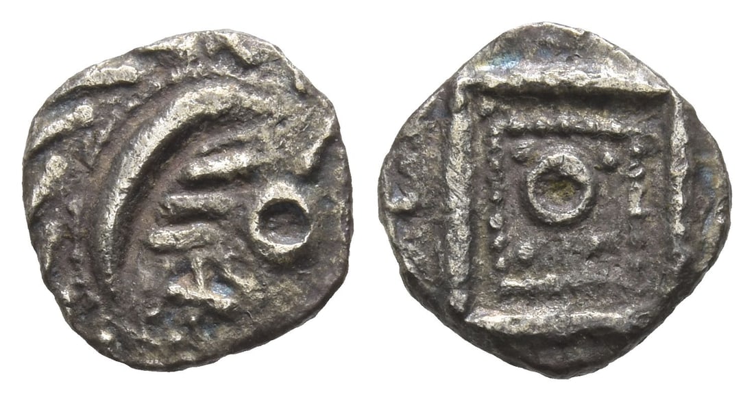 Anglo-Saxon. Continental Sceattas AR Sceat.: Circa 695-740. Series E, variety D.. Porcupine to right / Standard with four pellets around central annulet; all within two beaded squares. North 45; SCBC 790B. 1.01gr, 12mm, 2h. Near Very Fine. From 
