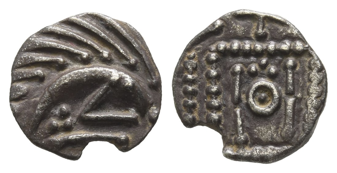 Anglo-Saxon. Continental Sceattas AR Sceat.: Circa 715/20-740. Mint in northern Frisia. Series E. 'Porcupine' with triangular head to right; three pellets in body / Standard with central pellet-in-annulet, four lines and triad of pellets around.