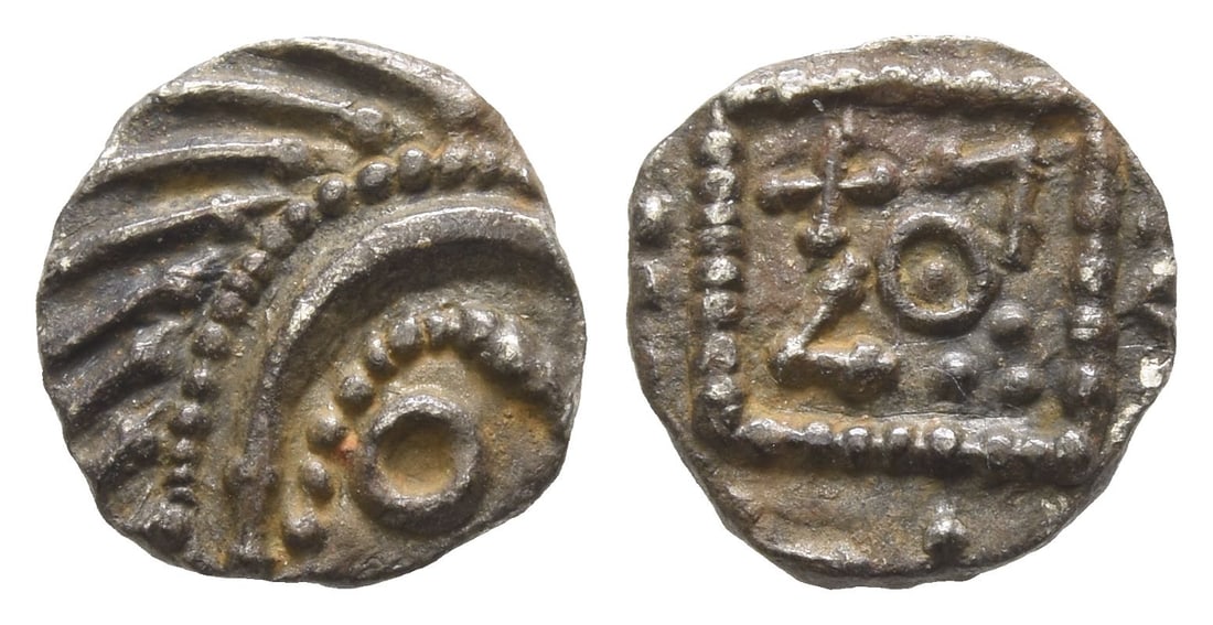 Anglo-Saxon. Continental Sceattas AR Sceat.: Circa 715/20-740. Mint in northern Frisia. Series E. 'Porcupine' to right, annulet below / Beaded standard with central pellet-in-annulet, cross pomm?e, pellet triad and opposite angles; symbols aroun