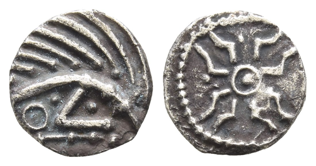 Anglo-Saxon. Continental Sceattas AR Sceat.: Circa 690-715/20. Series E, Primary ('Ashton Rowant') phase, stepped cross var. (Type 53).. 'Porcupine' with snout to right; annulet, pellets, and bar below / 'Stepped' cross, pellet-in-annulet at cen