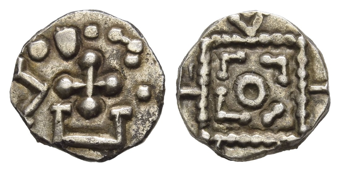 Anglo-Saxon. Continental Sceattas AR Sceat.: Circa 690-710/5. Mint in northern Frisia. Struck under Radbod, King of Frisia. Series D, type 8.. Cross pomm?e; crude legend around / 'Standard' with degenerate T O T I I; tufa above. OdV&M type 8; Ab