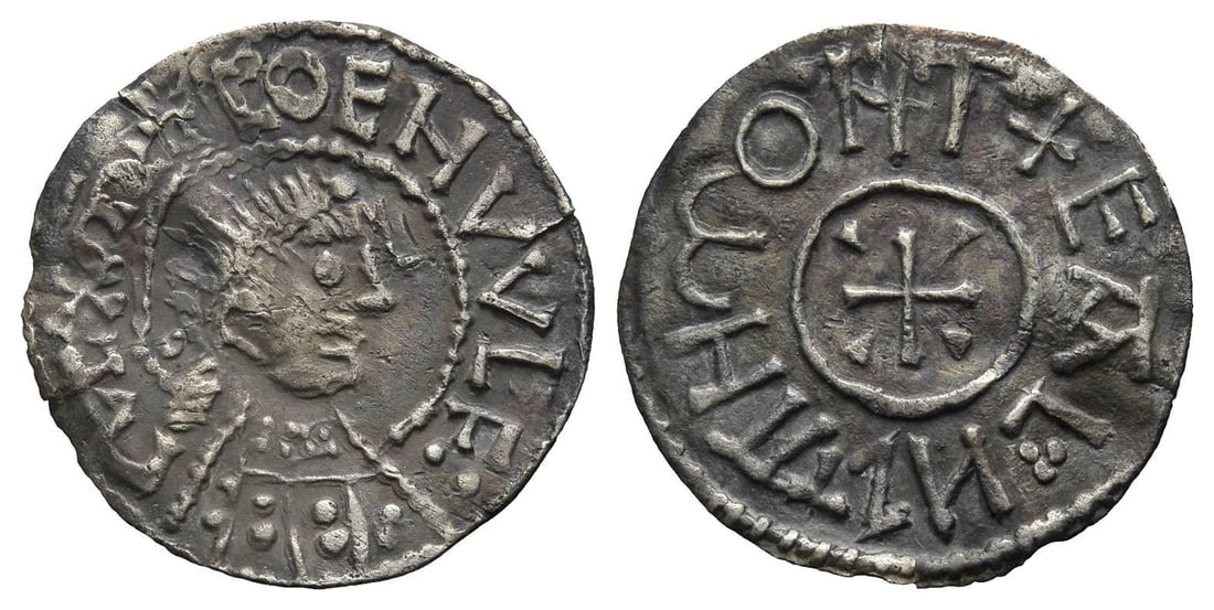 Anglo-Saxon. Kings of Mercia, Coenwulf I AR Penny.: Struck 820. Rochester mint; Ealhstan, moneyer. Group III. Cross and wedge type.. ? COENVVLF : REX m, diademed bust to right / + EAL??ZTAH mOHT, cross pomm?e with wedges in each angle within inner circ