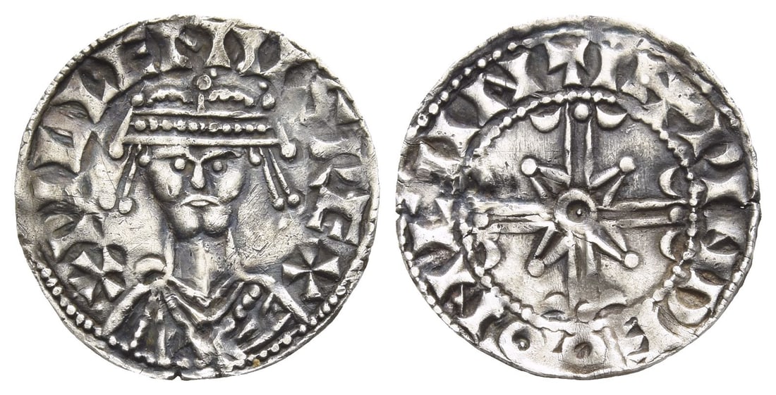 England. Norman, William I 'the Conqueror' AR Penny.: Struck circa 1068-1070. Canterbury mint; Winedi, moneyer. Bonnet type (BMC ii).. ? PILLEMVS REX, crowned facing bust / ? PINDEG ON CANTV, voided cross, with annulet at centre, pile in each quarter, an