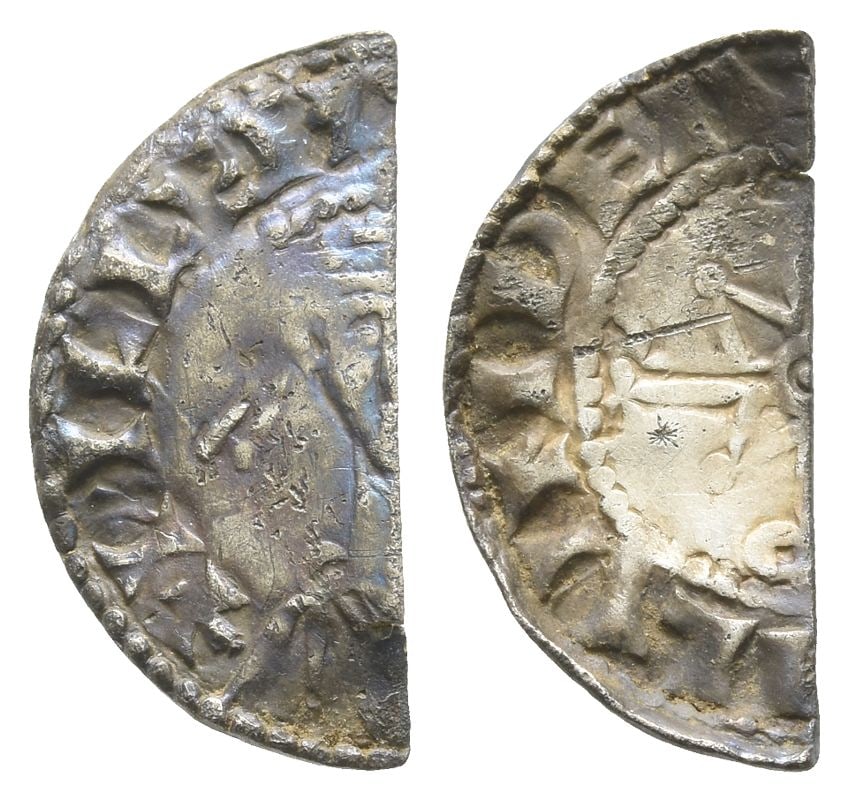 England. Norman, William I 'the Conqueror' AR Cut Halfpenny.: Struck circa 1068-1070. London mint; uncertain moneyer. Bonnet type (BMC ii). ? PILLEM[..], crowned facing bust / [..]LVNDEI(?), voided cross, with annulet at centre, pile in each quarter, and pellet-