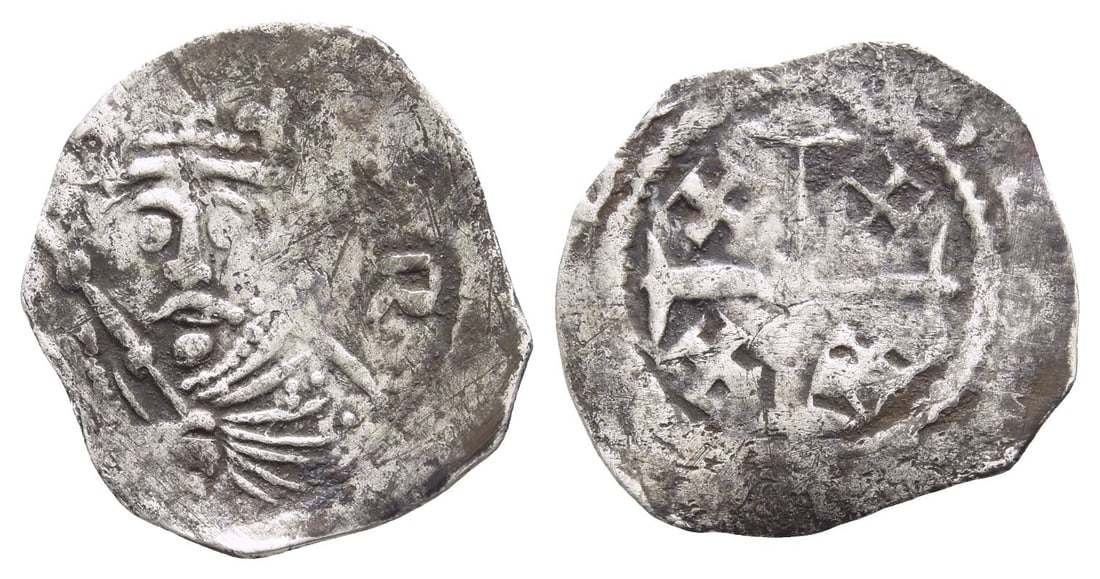 England. Plantagenet, Henry II AR Penny.: Circa 1162-1163. Uncertain mint and moneyer. Cross-and-crosslets ('Tealby') coinage; class B. Inscription illegible, crowned facing bust, holding sceptre. / Inscription illegible, cross patt?e, with c