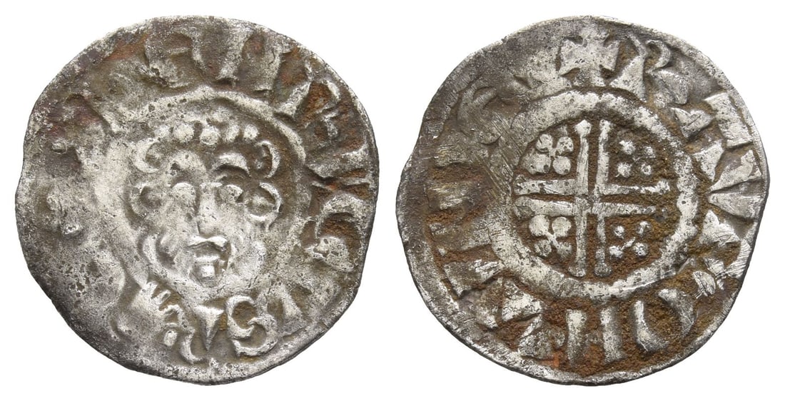 England. Plantagenet, Henry II AR Penny.: Struck circa 1185-circa 1189. London mint; Raul, moneyer. Cross type, class Ic.. ??NRICVS R-?X, crowned bust facing, holding sceptre / RAVF ON LVND?I, voided short cross, four pellets in each section.