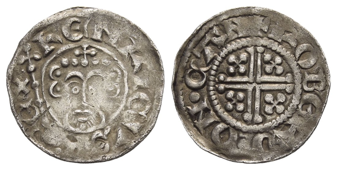 England. Plantagenet, John AR Penny.: Struck circa 1206. Canterbury mint; Roberd, moneyer. Struck in the name and types of Henry II. Short Cross type, class V.. ??NRICVS R-?X, crowned bust facing, holding sceptre / ? ROB?RD ? ON ? CAN, vo