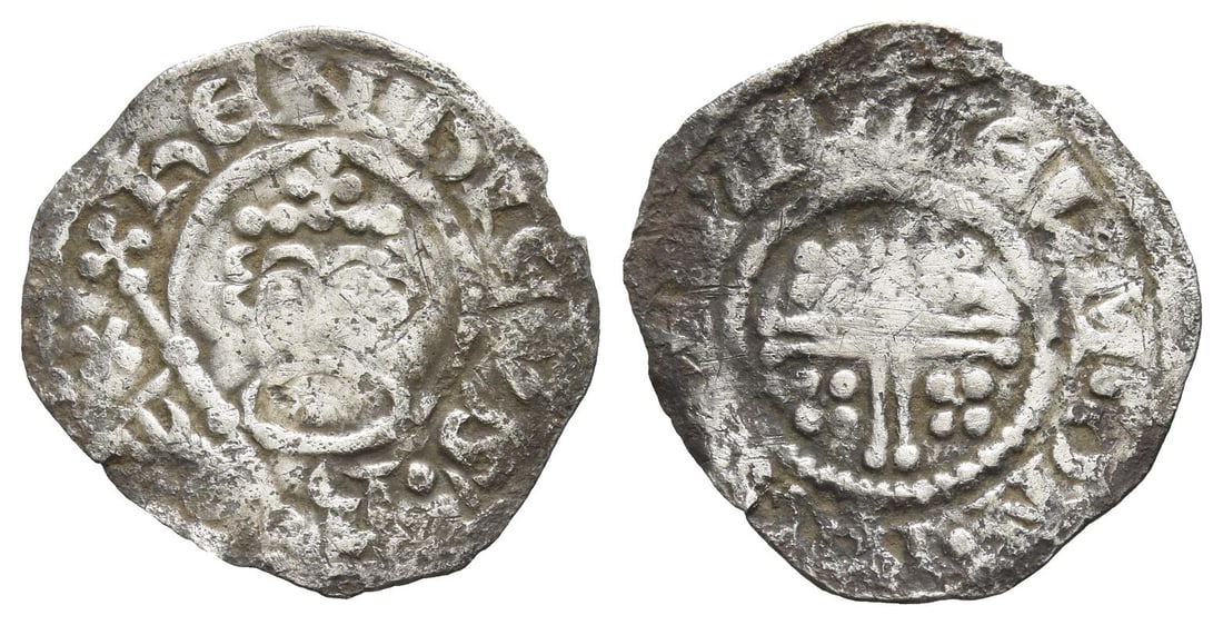 England. Plantagenet, John AR Penny.: Struck in the name and types of Henry II, 1205-1207. London(?) mint; Willelm, moneyer. Short cross type.. Crowned facing bust, holding sceptre / Voided short cross; quatrefoils in angles. Cf. SCBC 135