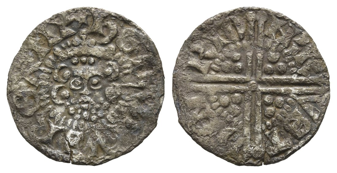 England. Plantagenet, Henry III AR Penny.: Struck 1248-1250. Bristol mint; i.m: 3. Henri, moneyer. Long cross type, class IIIb-c.. (Star) ??NRICVS R?X ? III, crowned facing bust / ??N-RI O-N BR-VST (?N ligate), voided long cross pomm?e with pe