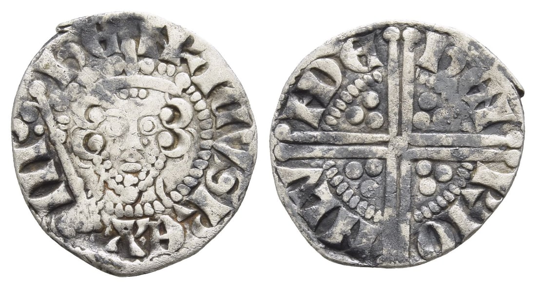 England. Plantagenet, Henry III AR Penny.: Struck 1251-1269/72. London mint; Henri, moneyer. Long Cross coinage, class 5d3.. ??NRICVS (NR ligate) R?X ? III', crowned facing head, holding trefoil-tipped sceptre / ??N-RI O-N LV-HD? (?N and HD li