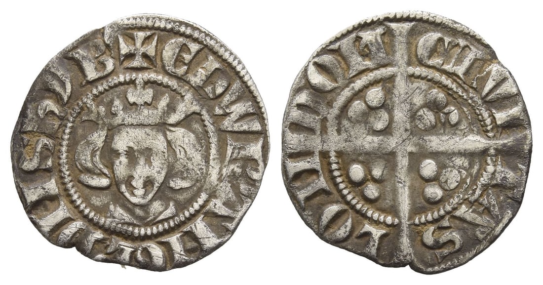 England. Plantagenet, Edward I AR Penny.: Struck 1282-9. London mint. New Coinage. ? ?DW R ANGL DNS ??B, crowned facing bust / CIVI-TAS LON-DON, long cross with three pellets in each quarter. North 1023; cf. SCBC 1394. 1.36gr, 19mm, 11h. Good