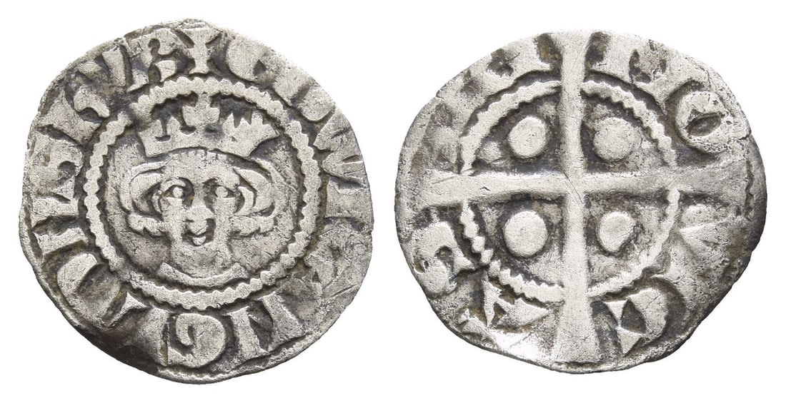 England. Plantagenet, Edward I AR Halfpenny.: Struck 1280/1. Newcastle mint. New coinage, class 3c.. ? ?DWR ANGL DNS ?yB, crowned facing bust / NO-VI C-AS-TRI, long cross patt?e with single pellet in each angle. North 1045/2; SBCB 1441. 0.60gr, 1