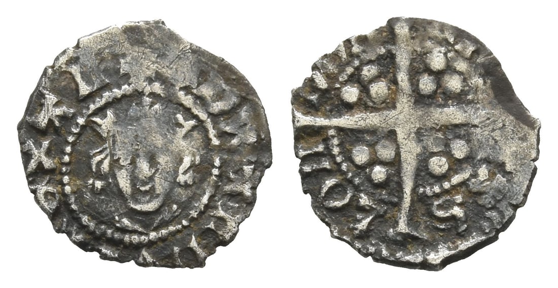 England. Plantagenet, Edward I AR Farthing.: Struck early 1301-circa 1310. London (Tower) mint. New coinage, class 10.. ? ?DWARDVS R?X AN, crowned facing bust / CIVI-TAS LON-DON, long cross patt?e; triple pellets in quarters. North 1058; SCBC 14