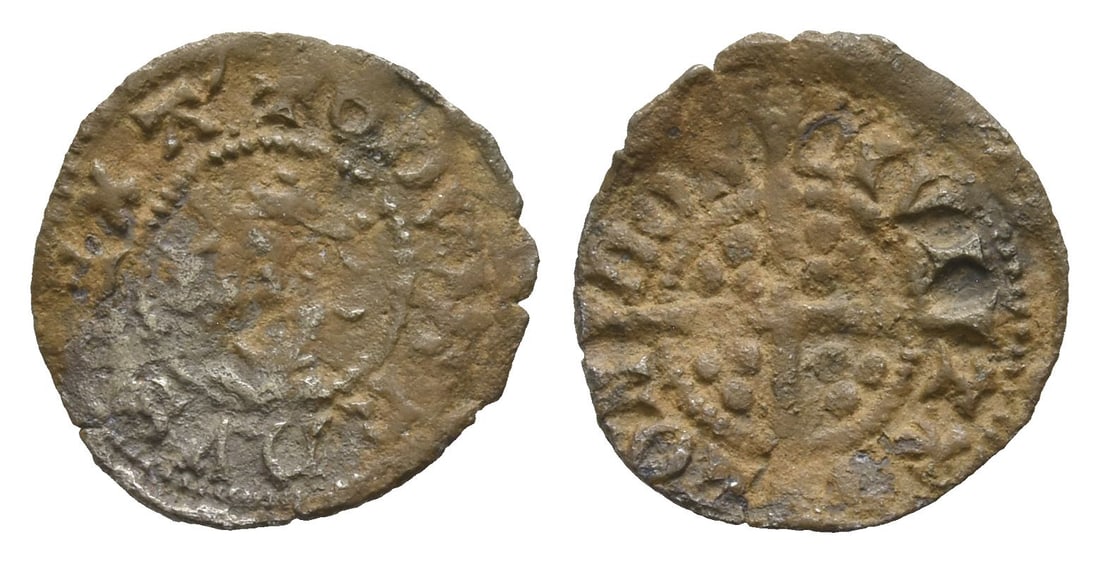 England. Plantagenet, Edward I AR Farthing.: Struck early 1301-circa 1310. London (Tower) mint. New coinage, class 10.. ? ?DWARDVS R?X A', crowned facing bust / CIVI-TAS LON-DON, long cross patt?e; triple pellets in quarters. North 1058; SCBC 14