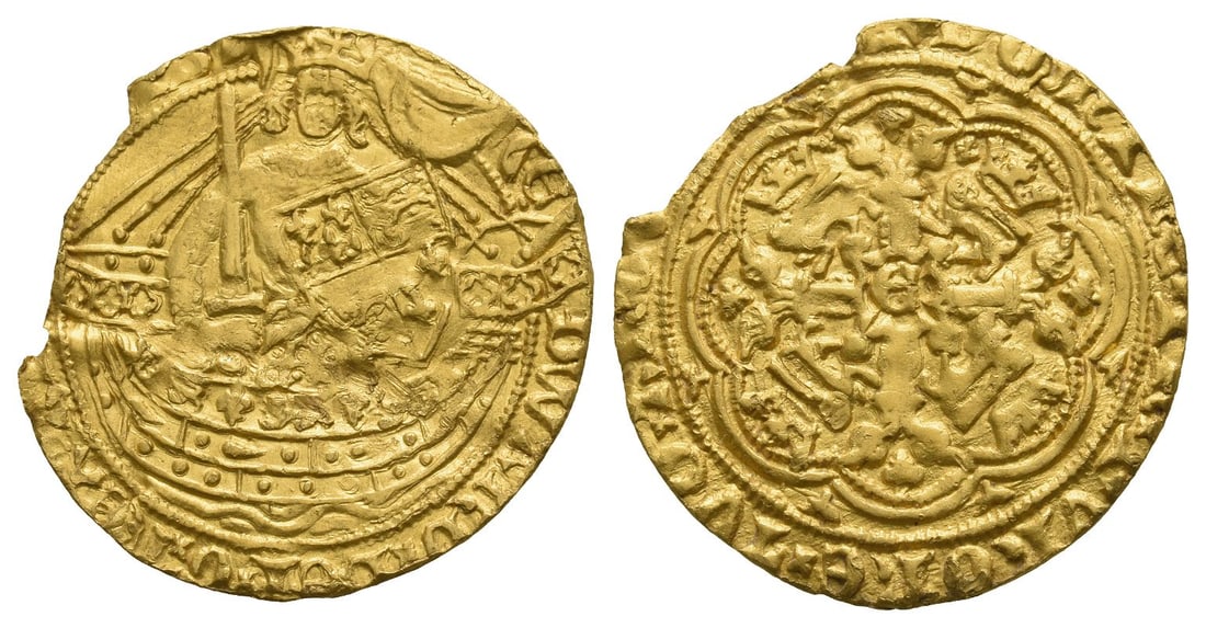 England. Plantagenet, Edward III AV Half Noble.: Struck 1361-1369. Tower (London) mint. Fourth Coinage. Treaty Period. ?-DWAR ? D?I ? GR[..],King standing facing in ship, holding sword with left hand and shield bearing coat-of-arms with right; all w