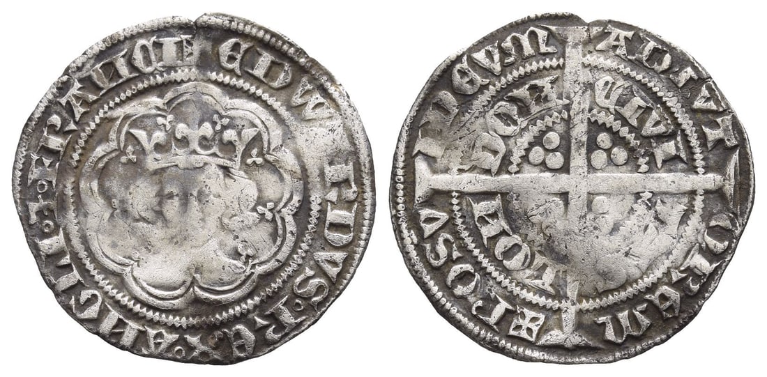 England. Plantagenet, Edward III AR Halfgroat.: Struck 1351-1352. London (Tower) mint; i.m: cross 1. Fourth coinage, Pre-Treaty Period. Series C.. (Cross 1) ?DWARDVS ? R?X ? ANGLI ? Z ? FRA?CI, facing crowned bust within tressure of arches / (Cross